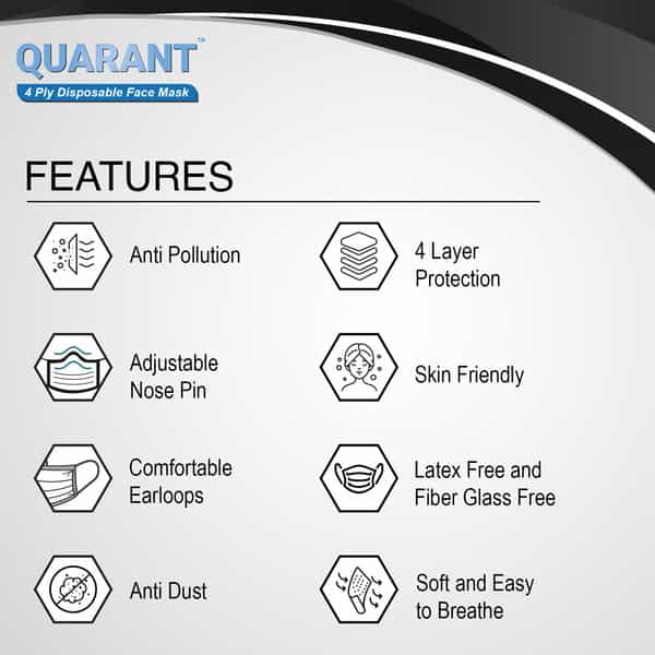 Quarant 4 Ply Black Surgical Face Mask With Adjustable Nose Pin | Uv Sterilized - Pack Of 100