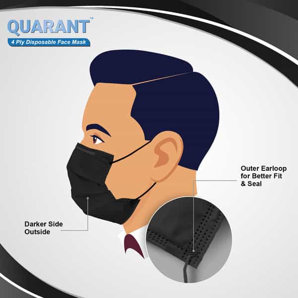 Quarant 4 Ply Black Surgical Face Mask With Adjustable Nose Pin | Uv Sterilized - Pack Of 100