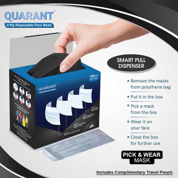 Quarant 4 Ply Black Surgical Face Mask With Adjustable Nose Pin | Uv Sterilized - Pack Of 100