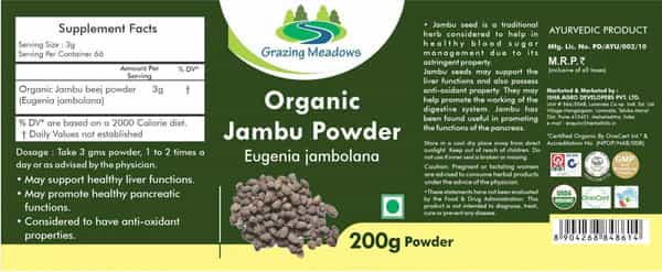 Grazing Meadows Organic Jamun Seed Powder 200 G - Sugar Control Blood Purification