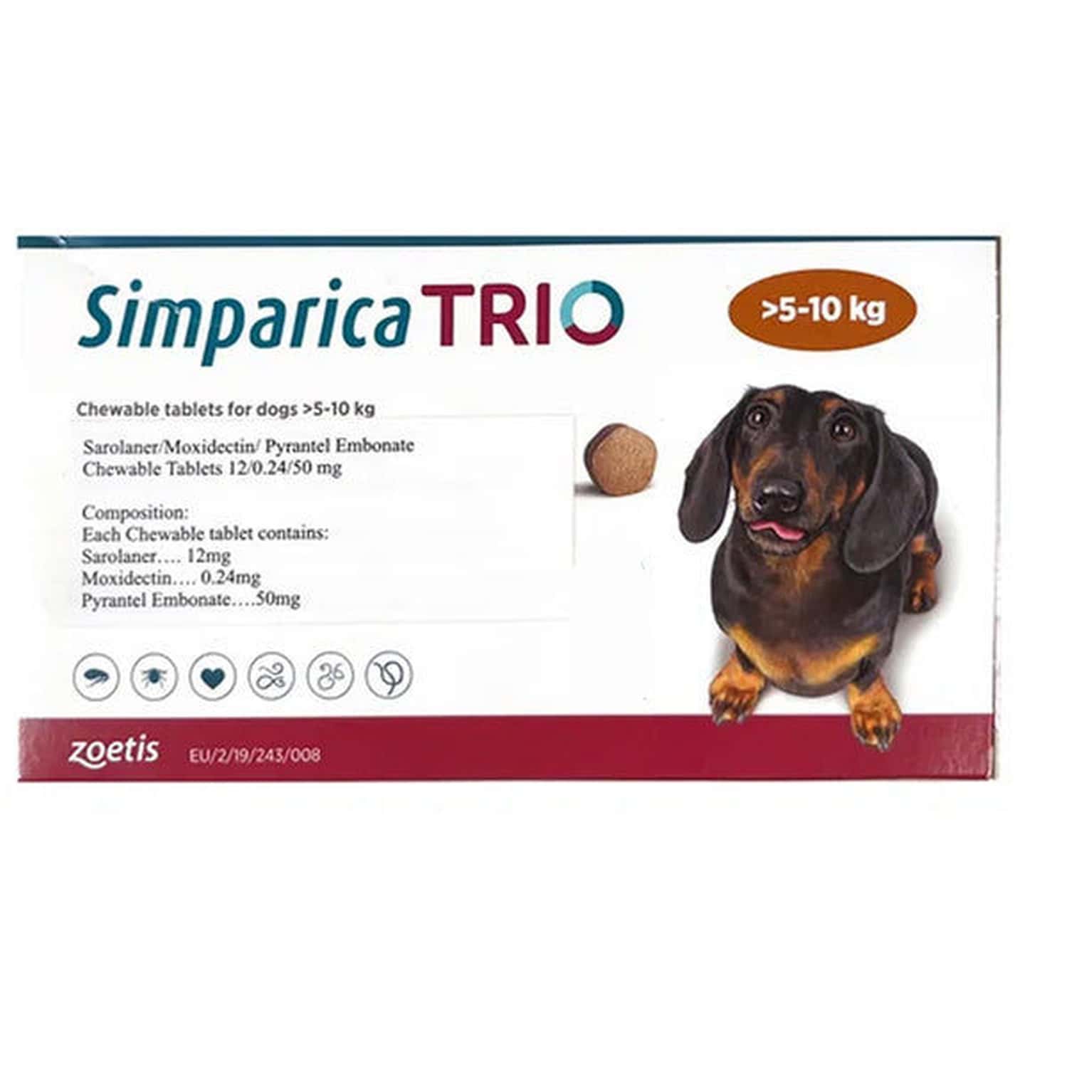 Zoetis Simparica Trio (Sarolaner) Tick And Flea Control Tablet For Dogs | 5-10kg | 1 Tablet