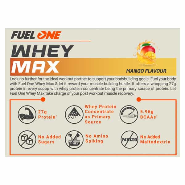Fuel One Whey Protein Max Pouch Pack (Mango | 1 Kg / 2.2 Lb) Fuel One Shaker | Black | 500 Ml