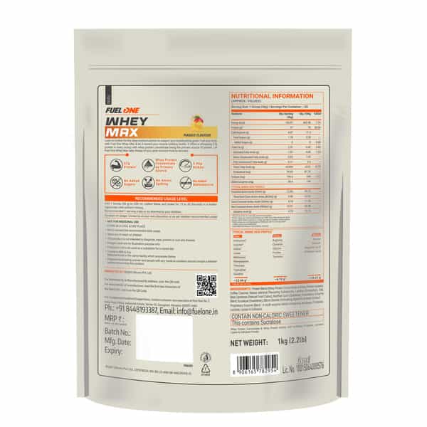 Fuel One Whey Protein Max Pouch Pack (Mango | 1 Kg / 2.2 Lb) Fuel One Shaker | Black | 500 Ml