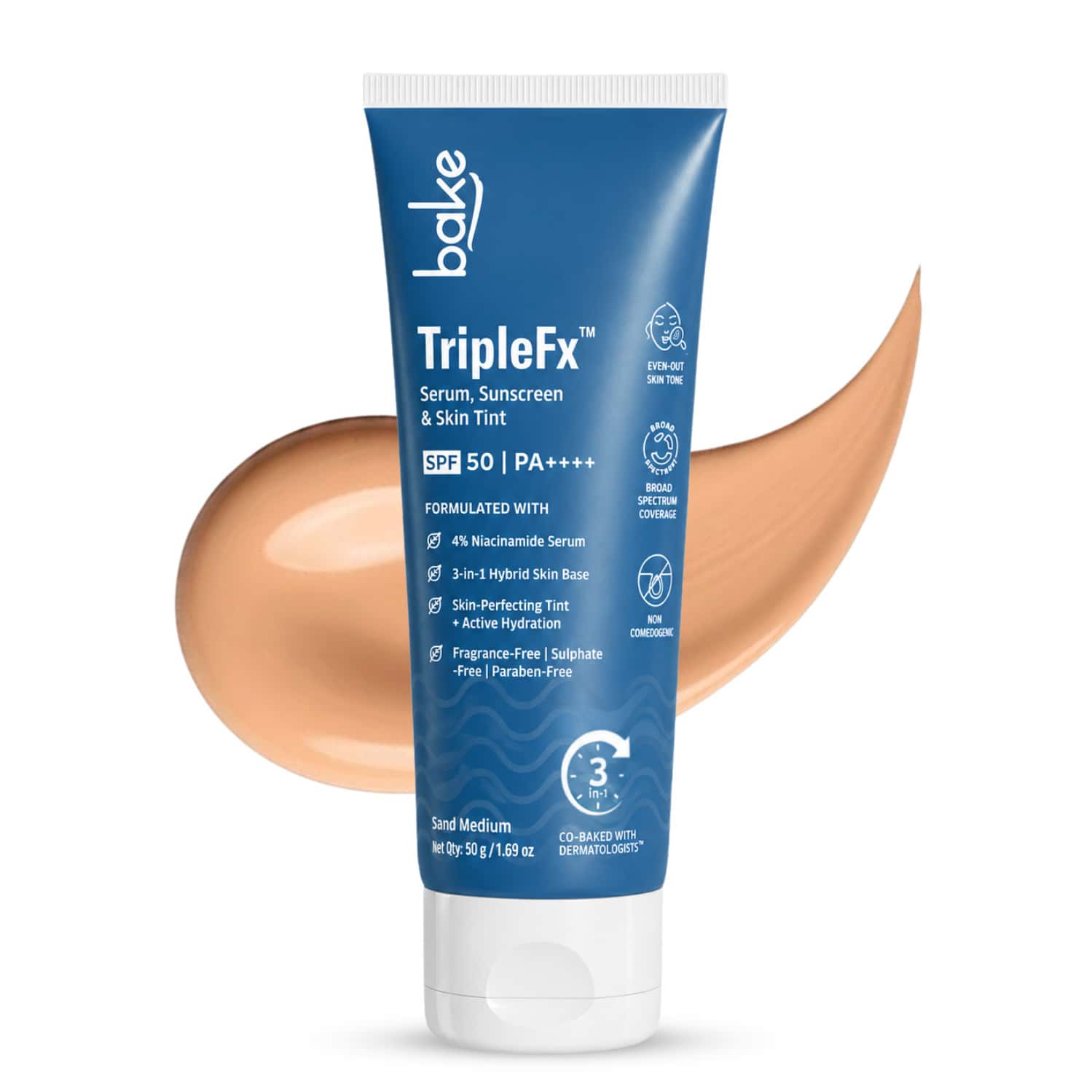 Bake Triplefx 3-In-1 Tinted Sunscreen Spf 50 Pa++++ | Hydrating Uv Protection | Sand Medium | 50g