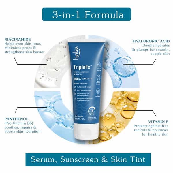 Bake Triplefx 3-In-1 Tinted Sunscreen Spf 50 Pa++++ | Hydrating Uv Protection | Sand Medium | 50G