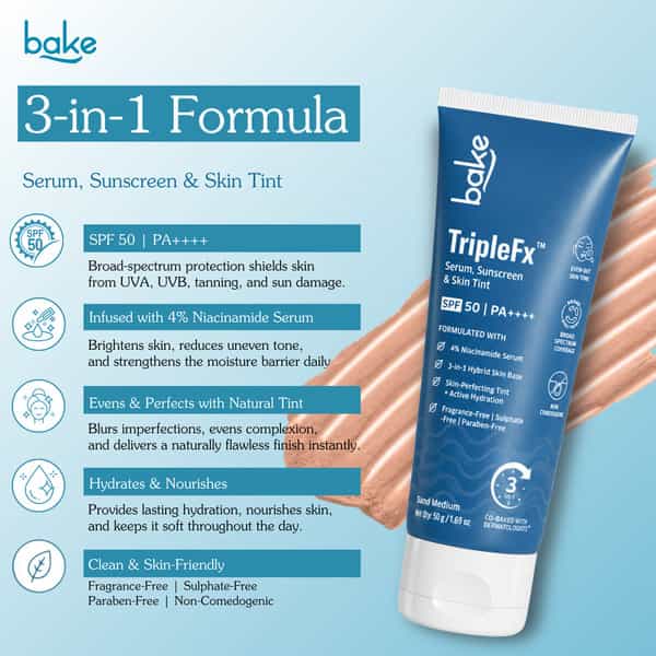 Bake Triplefx 3-In-1 Tinted Sunscreen Spf 50 Pa++++ | Hydrating Uv Protection | Sand Medium | 50G