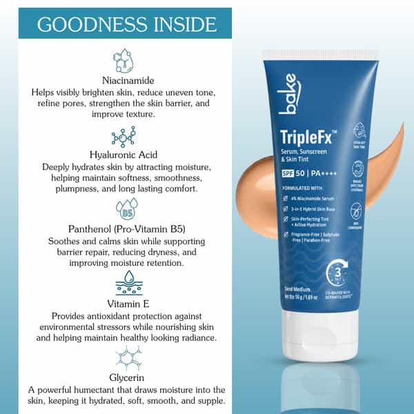 Bake Triplefx 3-In-1 Tinted Sunscreen Spf 50 Pa++++ | Hydrating Uv Protection | Sand Medium | 50G