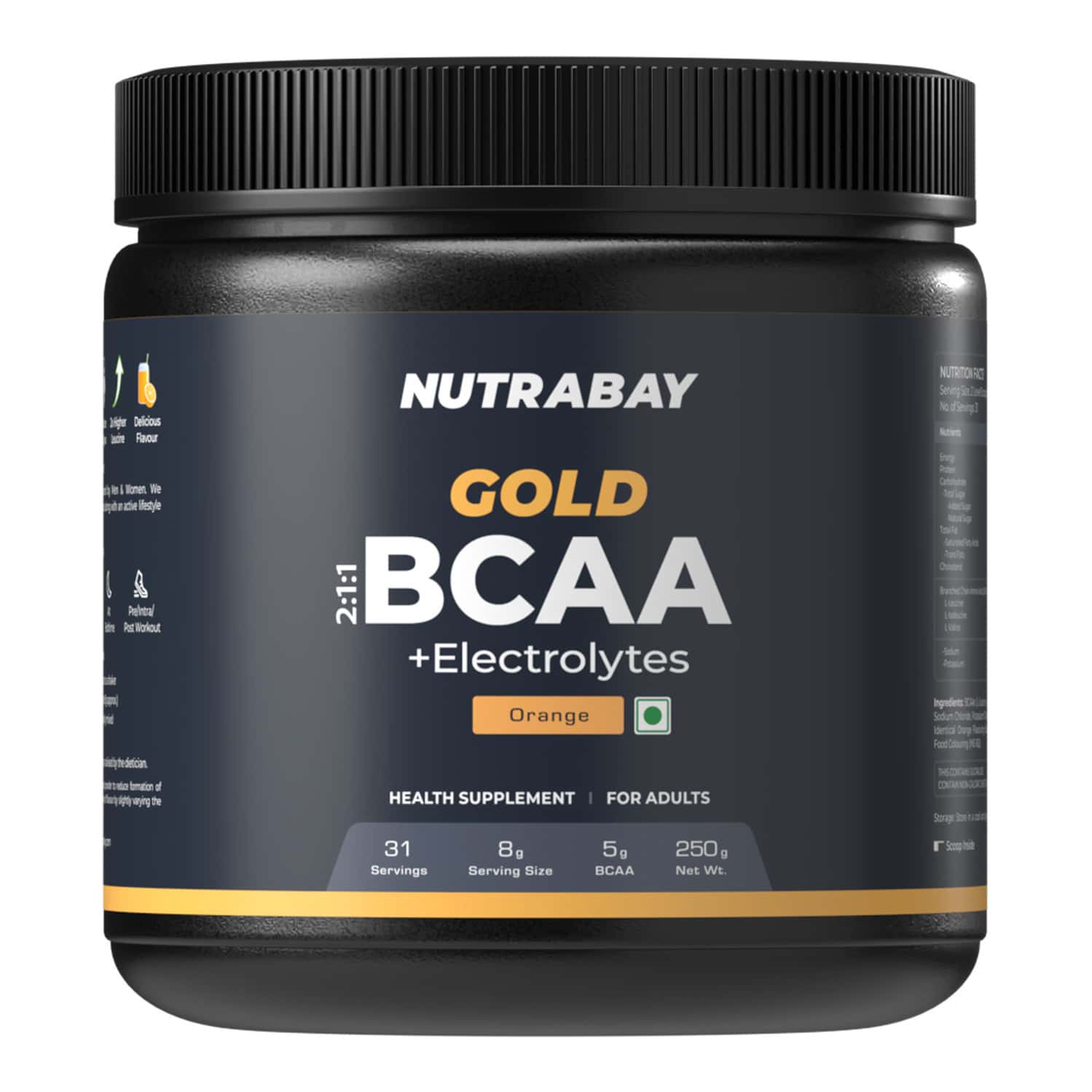 Nutrabay Gold Bcaa 2:1:1 With Electrolytes|5g Bcaa | Pre/post Workout Energy Drink|250g | Orange