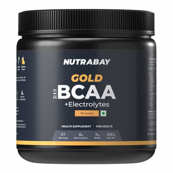 Nutrabay Gold Bcaa 2:1:1 With Electrolytes|5G Bcaa | Pre/Post Workout Energy Drink|250G | Orange