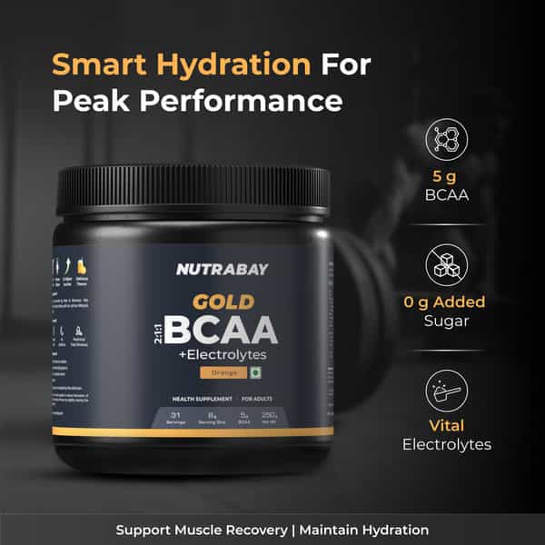 Nutrabay Gold Bcaa 2:1:1 With Electrolytes|5G Bcaa | Pre/Post Workout Energy Drink|250G | Orange