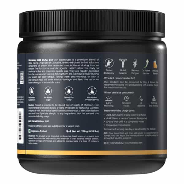 Nutrabay Gold Bcaa 2:1:1 With Electrolytes|5G Bcaa | Pre/Post Workout Energy Drink|250G | Orange