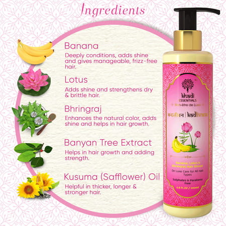 Khadi Essentials Banana Bhringraj Hair Shampoo With Lotus Aloe Vera For Damaged Frizzy Hair -200 Ml