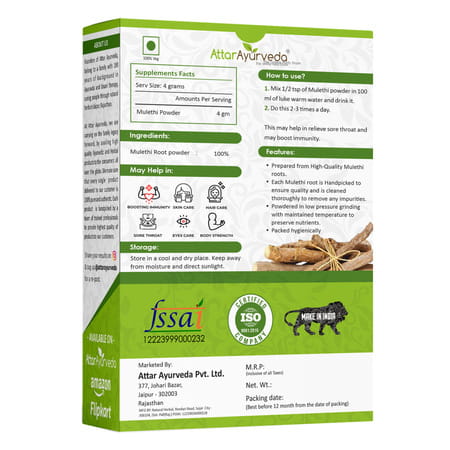 Attar Ayurveda Pure & Natural Mulethi Powder For Skin Whitening (200gm)