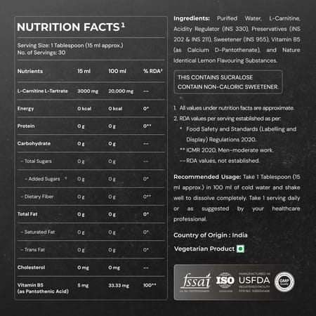 Nutrabay Pro Liquid L-Carnitine With Vitamin B5-450 Ml Lemon | 30 Servings | 3000Mg