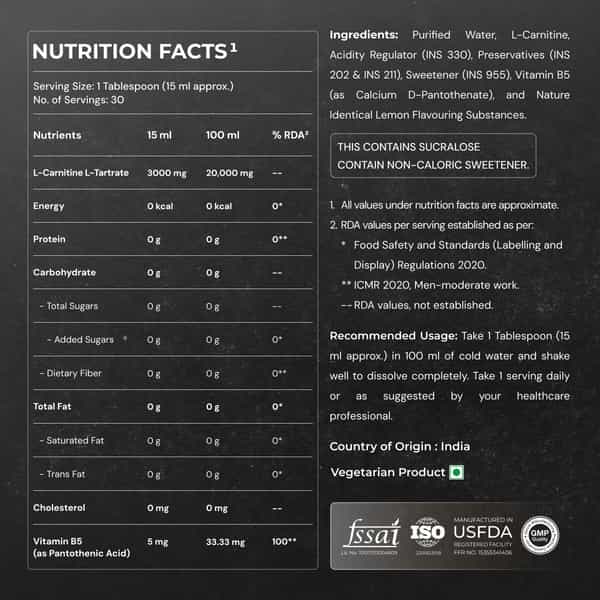 Nutrabay Pro Liquid L-Carnitine With Vitamin B5-450 Ml Lemon | 30 Servings | 3000Mg
