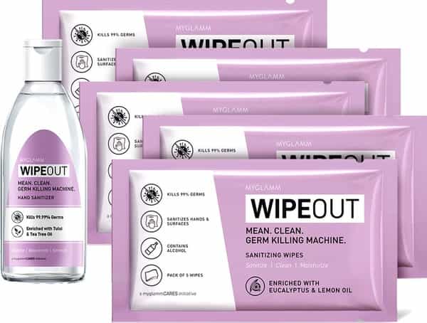 Myglamm Wipeout Sanitizing Wipes (5 Packs Of 5 Wipes ) (Free Wipeout Hand Sanitizer-30Ml)