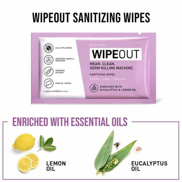 Myglamm Wipeout Sanitizing Wipes (5 Packs Of 5 Wipes ) (Free Wipeout Hand Sanitizer-30Ml)