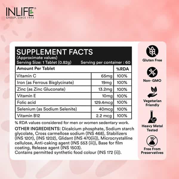 Inlife Chelated Iron With Folic Acid & B12 For Hemoglobin - 60 Tablets
