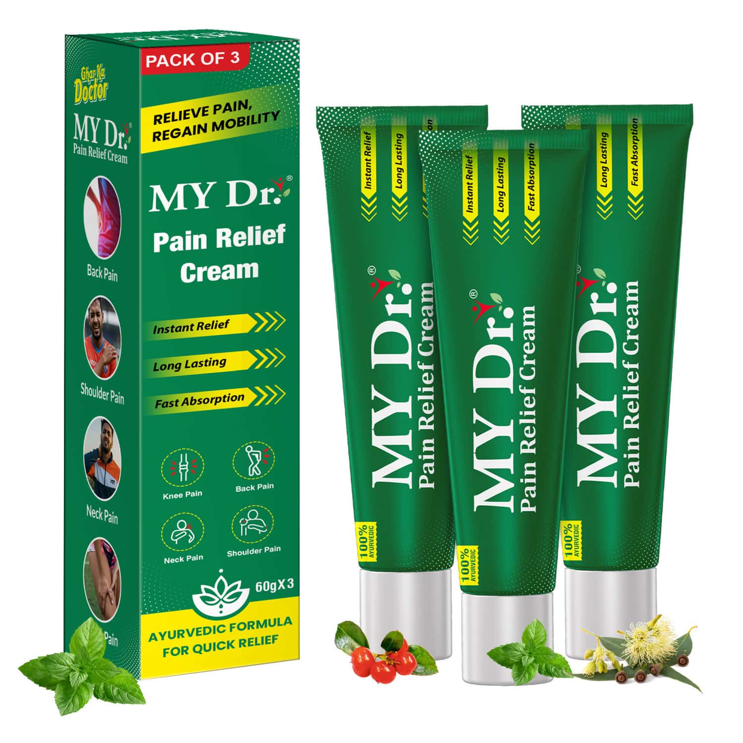 My Dr.Pain Relief Cream Instant Relief For Back | Neck | Shoulder & Muscle Pain 100% 60g Pack Of 3