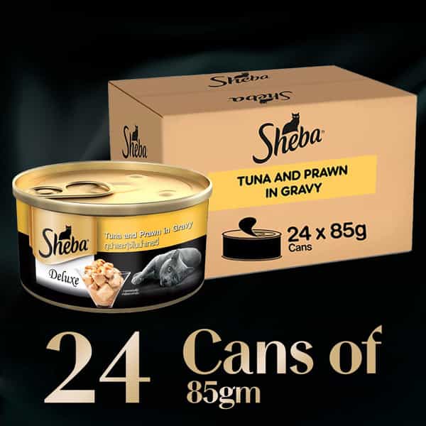 Sheba Deluxe Premium Adult (1+ Years) Wet Cat Food | Tuna And Prawns In Gravy | 85 G (Pack Of 24)