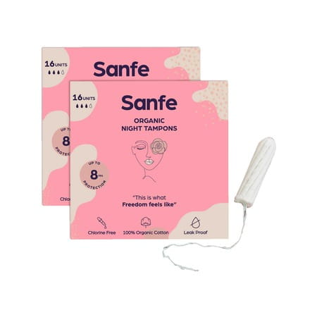 Sanfe 100% Organic Cotton Digital Tampons - Premium Design - Night Tampons (Pack Of 32)