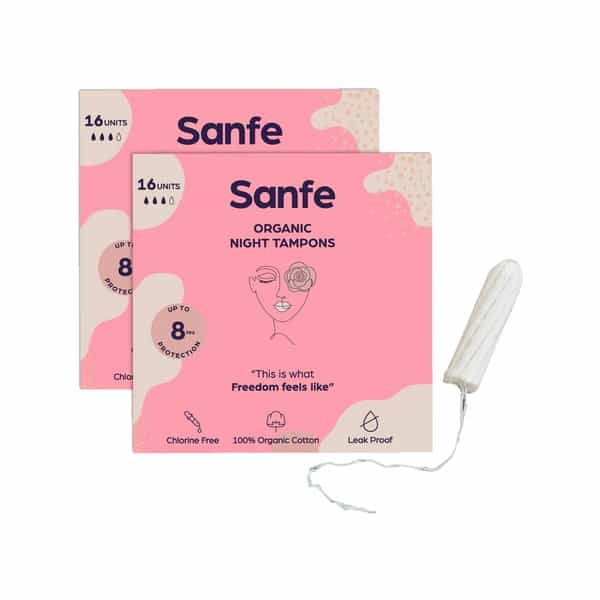 Sanfe 100% Organic Cotton Digital Tampons - Premium Design - Night Tampons (Pack Of 32)