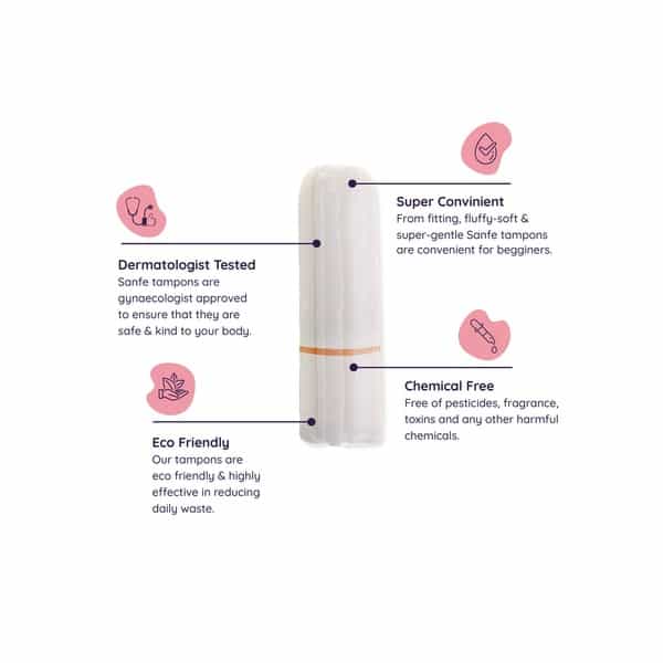 Sanfe 100% Organic Cotton Digital Tampons - Premium Design - Night Tampons (Pack Of 32)