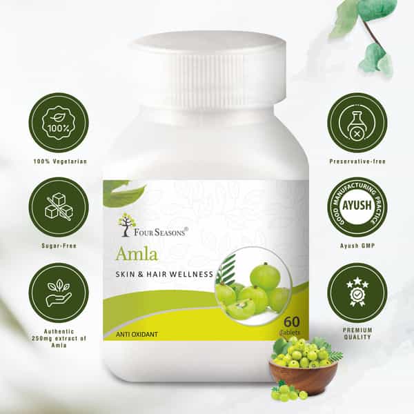 Four Seasons Amla Tablets - 60 Tabs | Skin & Hair Care| Rich In Vitamin C & Antioxidants (Pack Of 2)