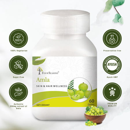 Four Seasons Amla Tablets - 60 Tabs | Skin & Hair Care| Rich In Vitamin C & Antioxidants (Pack Of 2)