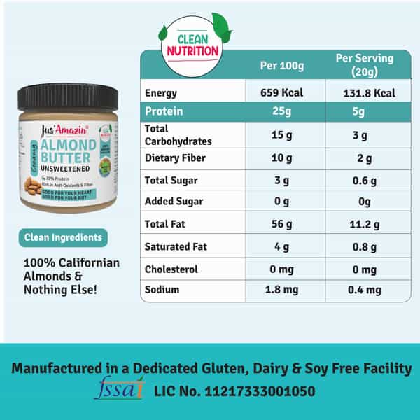 Jus Amazin Creamy Almond Butter - Unsweetened (200G) | 25% Protein | Clean Nutrition