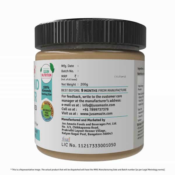 Jus Amazin Creamy Almond Butter - Unsweetened (200G) | 25% Protein | Clean Nutrition