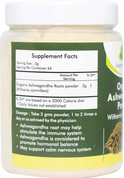 Grazing Meadows Organic Ashwagandha Powder (Withania Somnifera) 200 Gms