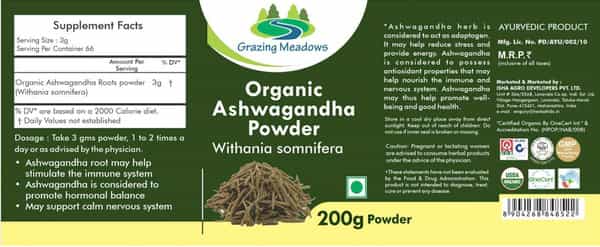 Grazing Meadows Organic Ashwagandha Powder (Withania Somnifera) 200 Gms