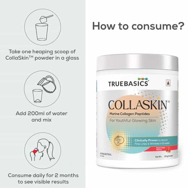 Truebasics Collaskin | Marine Collagen Peptides For Youthful Glowing Skin | Watermelon | 200 G