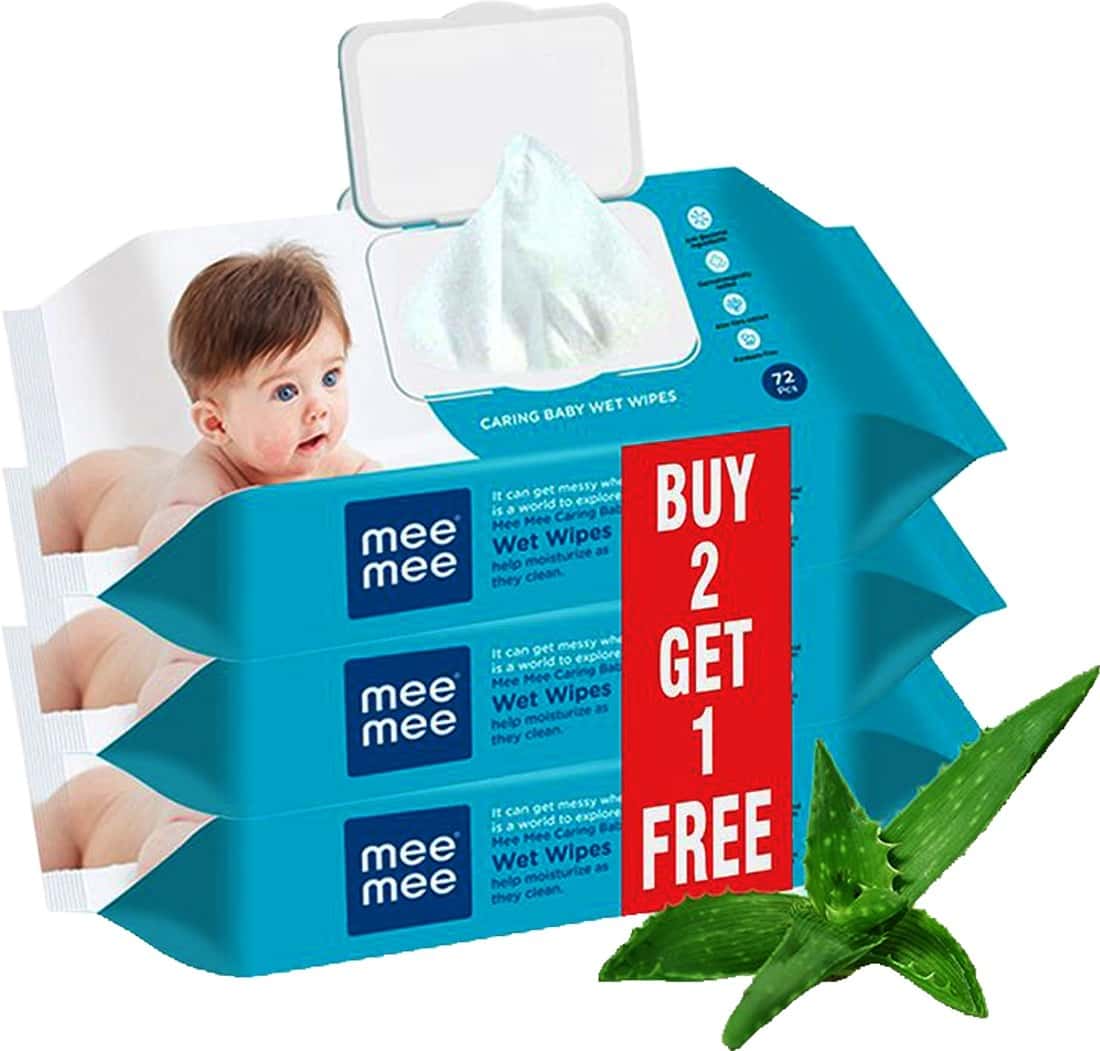 Mee Mee Caring Baby Wet Wipes With Lid 72 Pcs (Aloe Vera Pack Of 3)