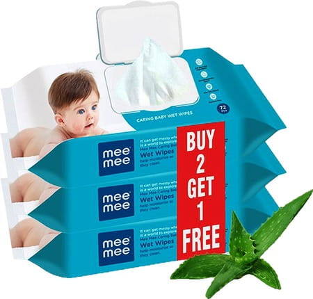 Mee Mee Caring Baby Wet Wipes With Lid 72 Pcs (Aloe Vera Pack Of 3)
