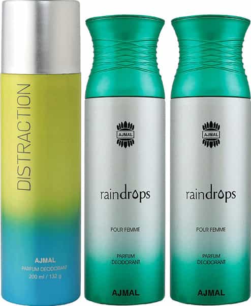 Ajmal 1 Distraction For Unisex & 2 Raindrops Femme For Women Deodorants Combo Pack Of 3