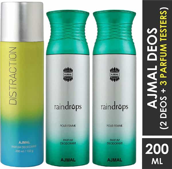 Ajmal 1 Distraction For Unisex & 2 Raindrops Femme For Women Deodorants Combo Pack Of 3