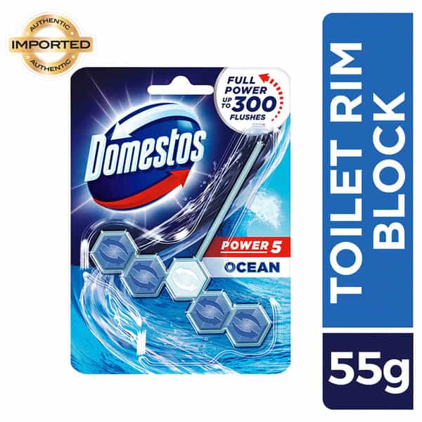 Domestos Power 5 Toilet Rim Block Ocean Limescale Removal With Long Lasting Ocean Fragrance 55G