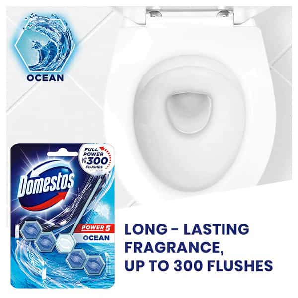 Domestos Power 5 Toilet Rim Block Ocean Limescale Removal With Long Lasting Ocean Fragrance 55G