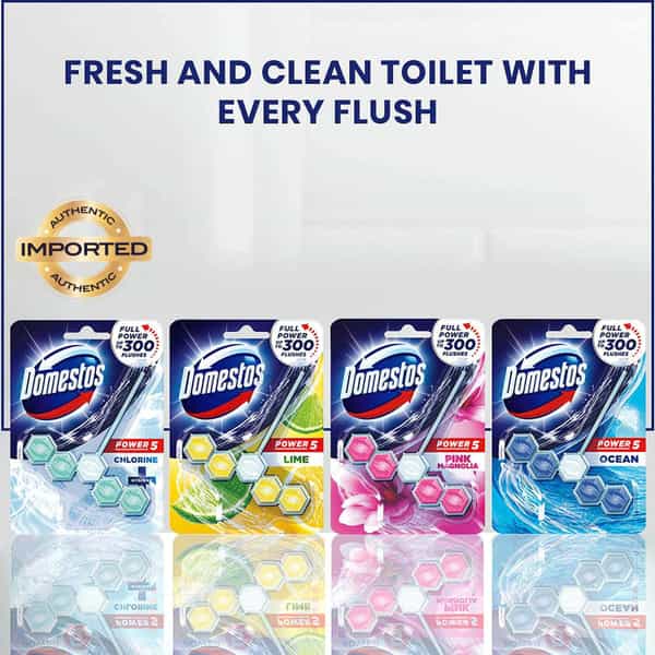 Domestos Power 5 Toilet Rim Block Ocean Limescale Removal With Long Lasting Ocean Fragrance 55G
