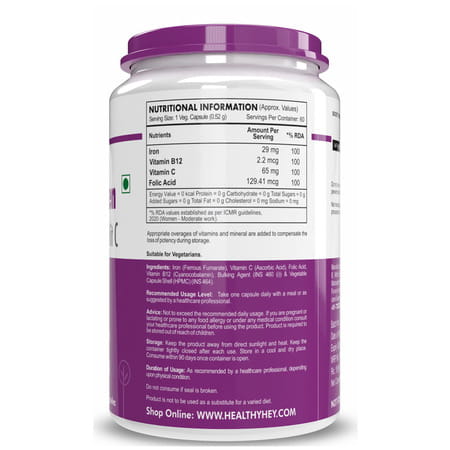 Healthyhey Iron Supplement For Women - With Vitamin B12 & Vitamin C 60 Veg Caps.