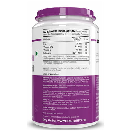 Healthyhey Iron Supplement For Women - With Vitamin B12 & Vitamin C 60 Veg Caps.