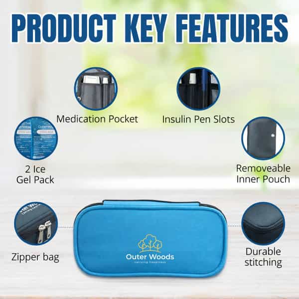 Outer Woods Insulin Cooler Bag With 2 Ice Gel Packs | 6+ Hours Cooling | Insulin Travel Pouch - Blue