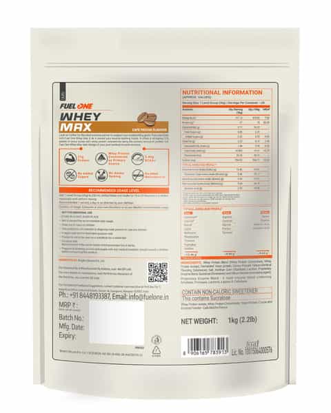 Fuelone Whey Max Protein Blend | Cafe Mocha | 1Kg (2.2Lbs) | 27G Protein Per Scoop