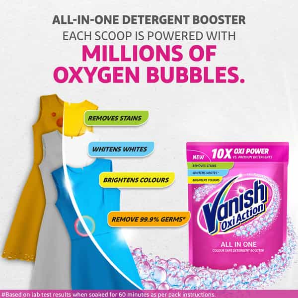 Vanish All In One Powder Detergent Booster - 200 G | Removes Stains Whitens Whites Brightens Colors