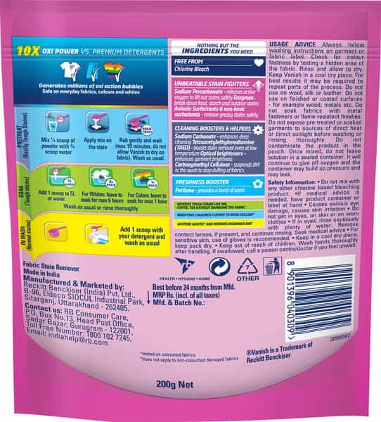 Vanish All In One Powder Detergent Booster - 200 G | Removes Stains Whitens Whites Brightens Colors