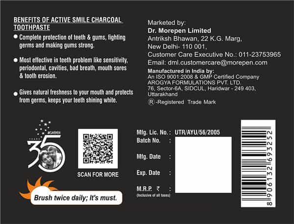Dr. Morepen Active Smile | With Activated Charcoal | Tube | Toothpaste | 100 Gm