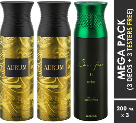 Ajmal Aurum & Aurum & Sacrifice Ii Deodorant Spray - For Men & Women (200 Ml Pack Of 3)