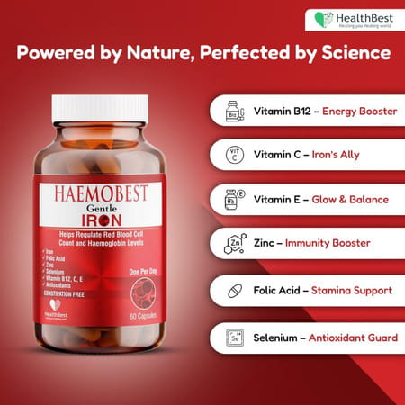 Healthbest Haemobest Capsules Iron Supplement | Increases Hemoglobin |1 Bottle (60 Capsule)